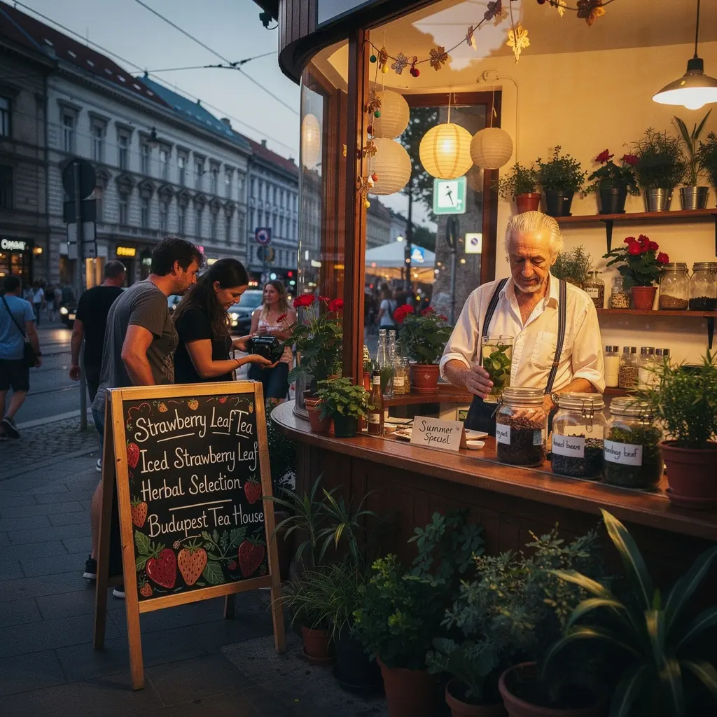 Eperlevél tea élvezete egy gyönyörű kerti környezetben.