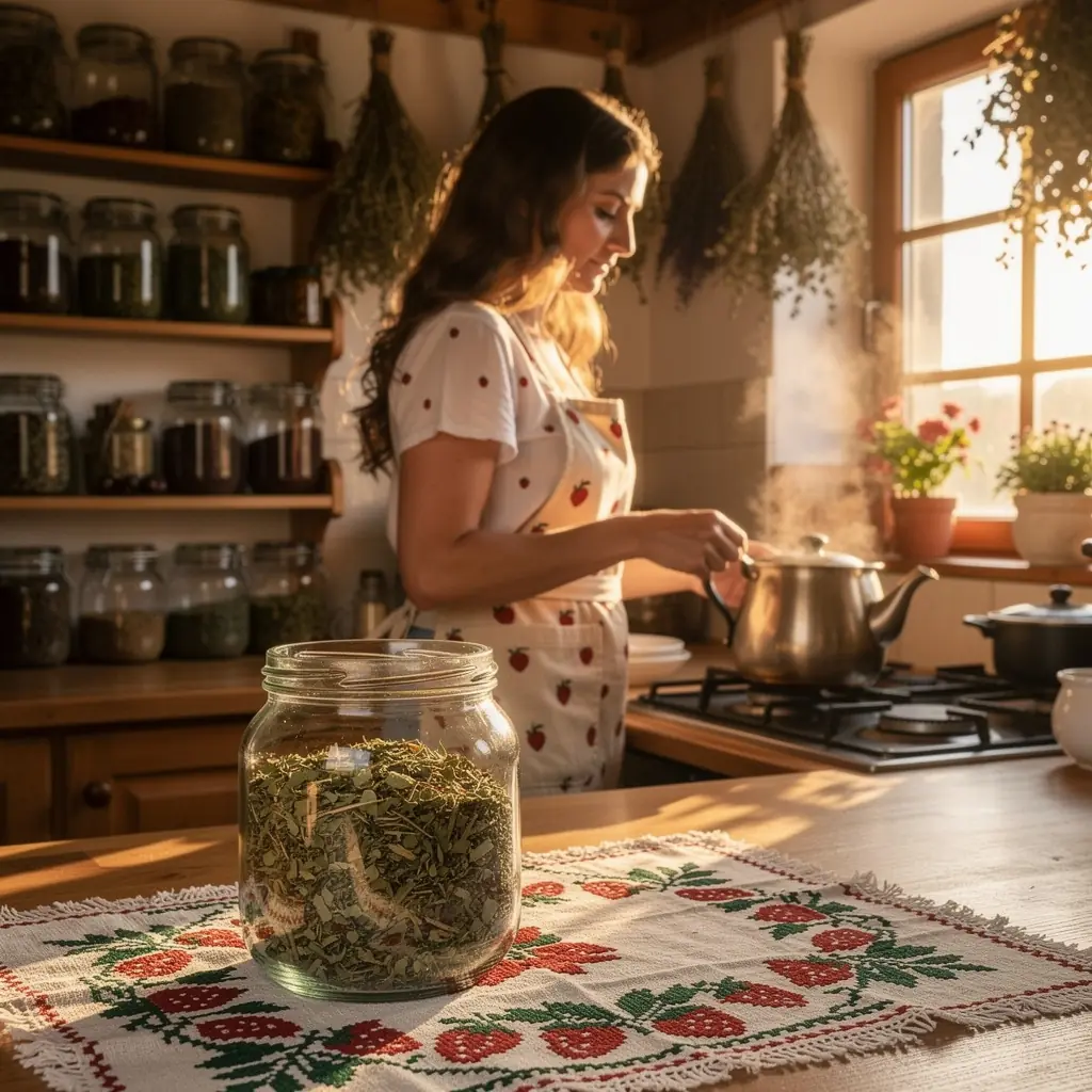 Eperlevél tea szürcsölése a teraszon, napsütéses délutánon.