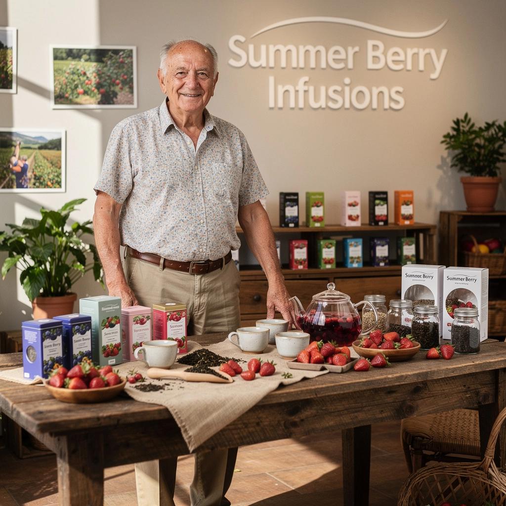 Kellemes illatú eperlevél tea, háttérben napfényes gyümölcsös kert.